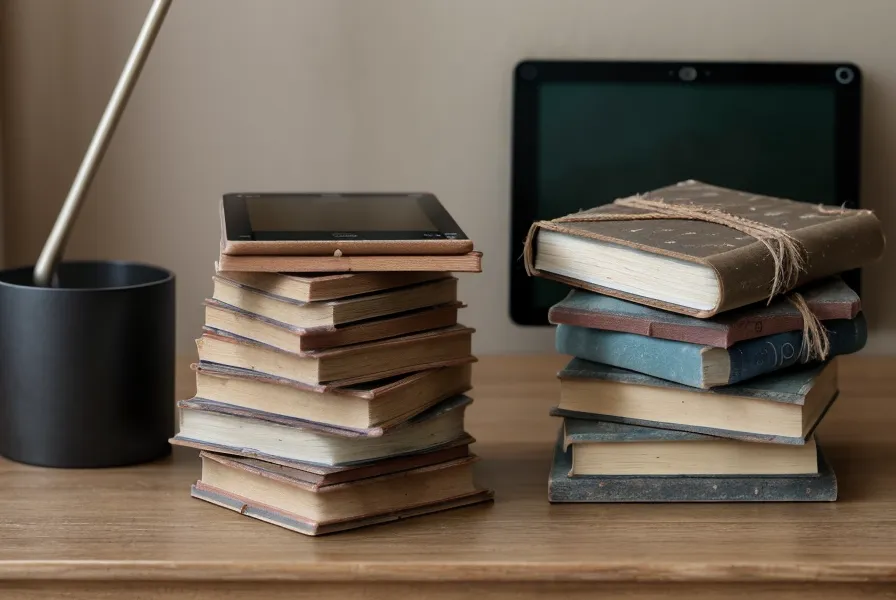 Libros de idiomas y tablet preparados para una sesión de estudio nocturna.