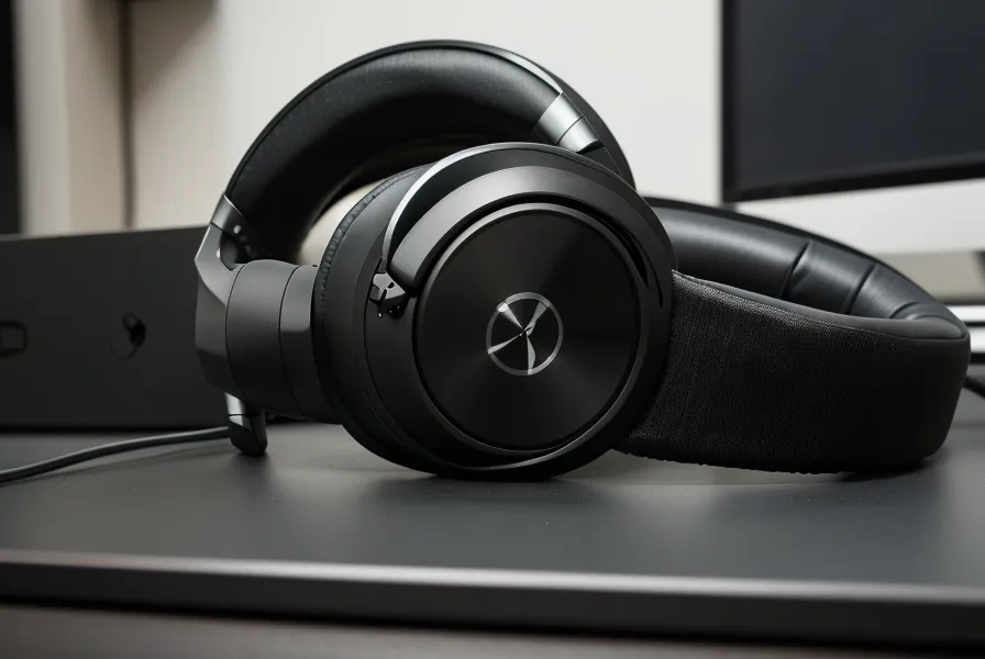 Primer plano de auriculares sobre un teclado en una oficina de logística nocturna.
